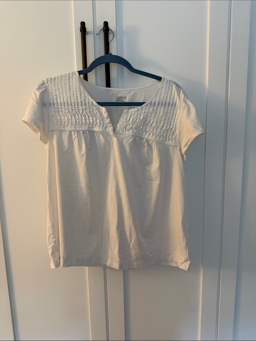 Lands' End White Pintuck Short-Sleeve Peasant Top